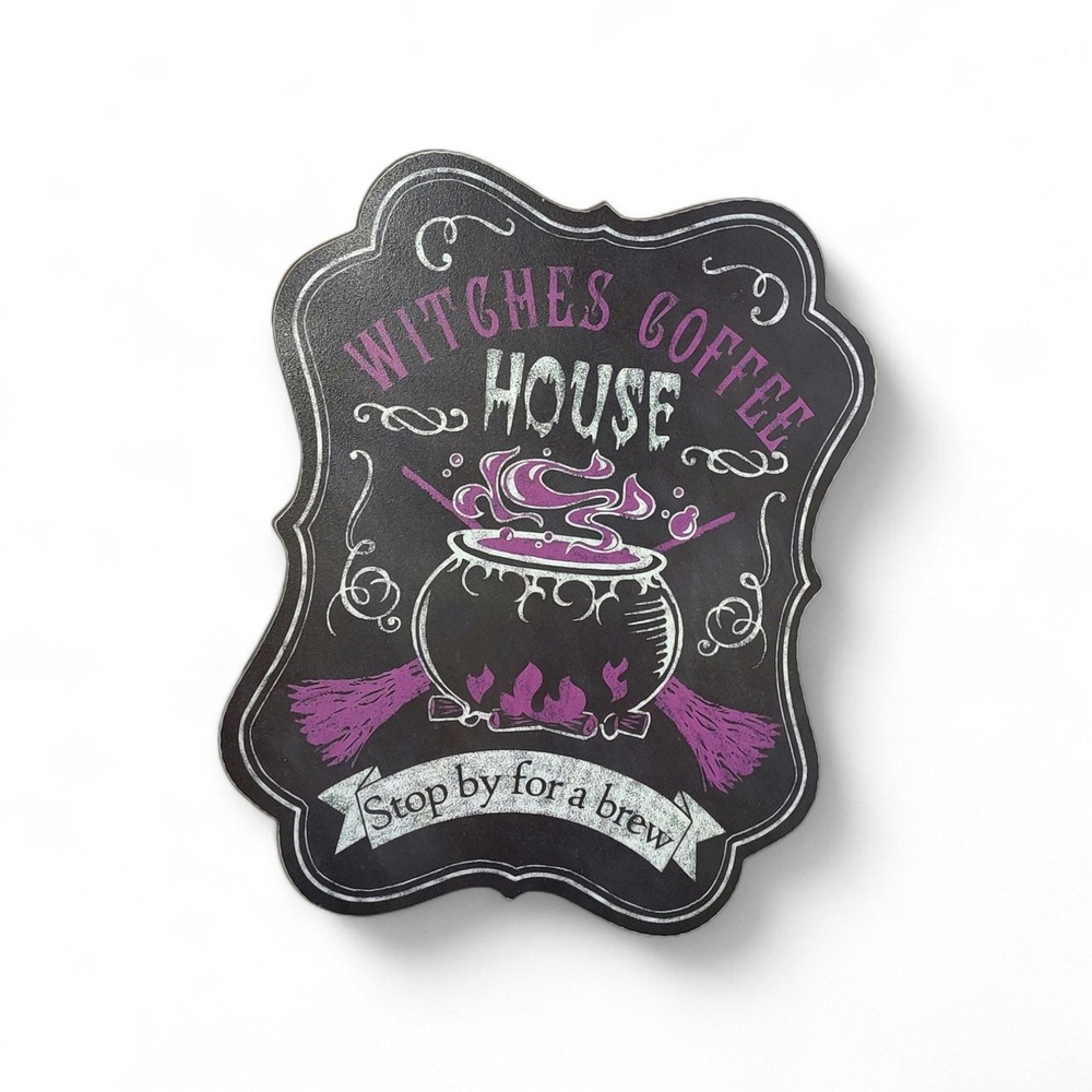 Witches Coffee House Halloween Cauldron Black and Purple Wooden Wall Decor